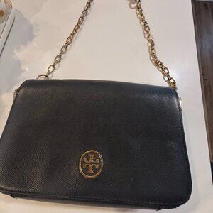 Black Tory Burch Saffiano Leather Crossbody - Goldtone hardware.